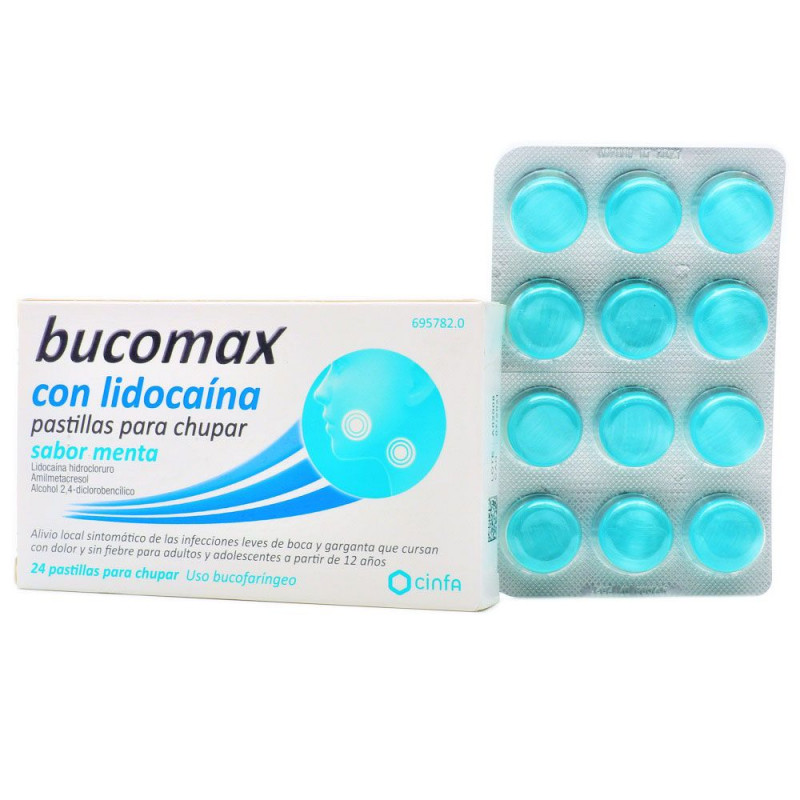 BUCOMAX CON LIDOCAINA PASTILLAS PARA CHUPAR SABOR MENTA 24 PASTILLAS