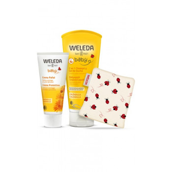 WELEDA Caléndula Pack Champú y Gel de Ducha 200 ml + Crema Pañal 75 ml + Regalo Manopla