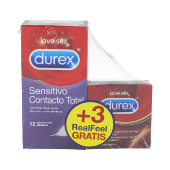 DUREX Preservativos Sensitivo Contacto Total 12 Unidades + Regalo Preservativos Real Feel 3 Unidades