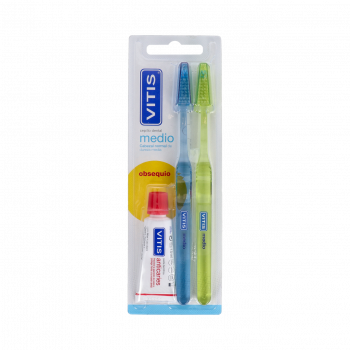 VITIS Pack Cepillo Dental Medio 2 und + Pasta Dentífrica Anticaries 15 ml