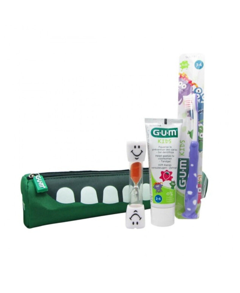 GUM Neceser junior monster gel+ cepillo +reloj de arena