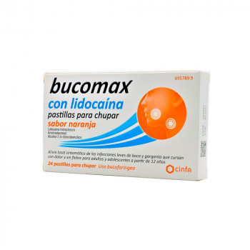 BUCOMAX CON LIDOCAINA PASTILLAS PARA CHUPAR SABOR NARANJA, 24 PASTILLAS