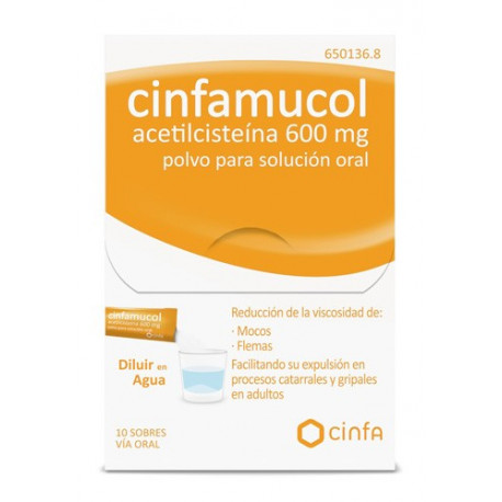 CINFAMUCOL ACETILCISTEÍNA FORTE 600 MG POLVO PARA SOLUCIÓN ORAL   , 10 SOBRES